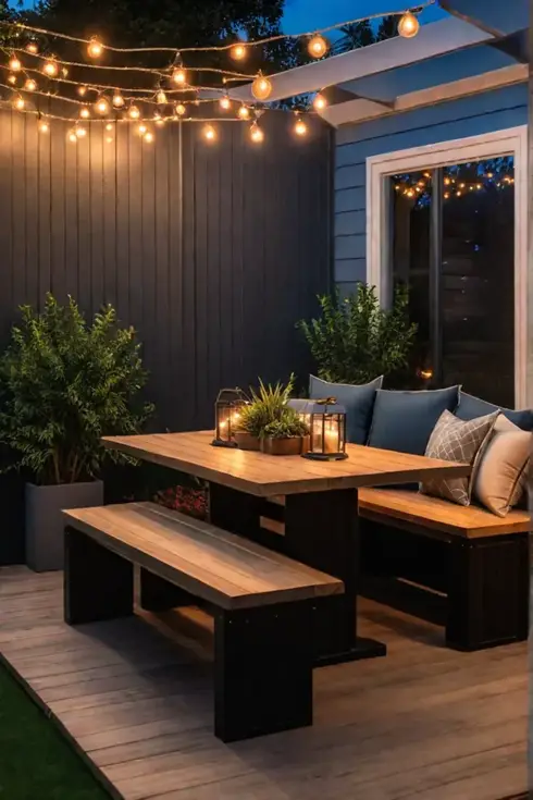 Builtin seating and foldable furniture on a deck