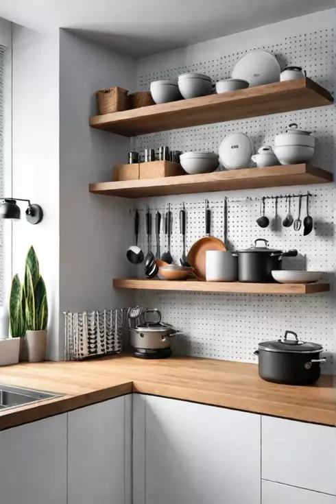 Contemporary kitchen with open shelving and a pegboard for storage