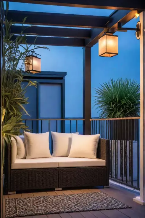 Cozy balcony with pergola seating and decorative lanterns