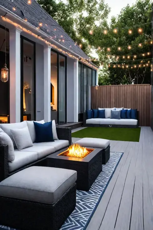 Deck with custom features like builtin seating and a fire pit table