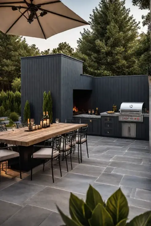 Luxury outdoor living space with a fully equipped kitchen and fire feature