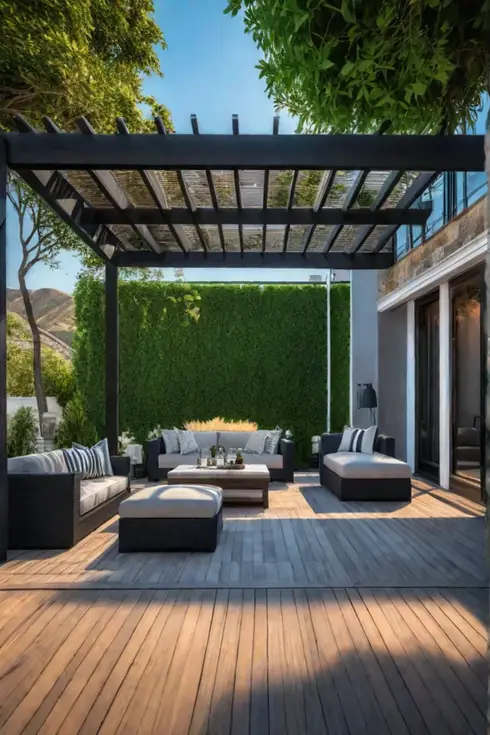 Luxury outdoor living space with deck pergola and kitchen