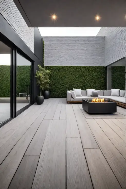 Minimalist deck design with neutral tones and sleek furniture
