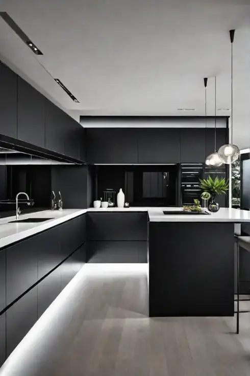 Modern kitchen with black and white contrast and sustainable materials