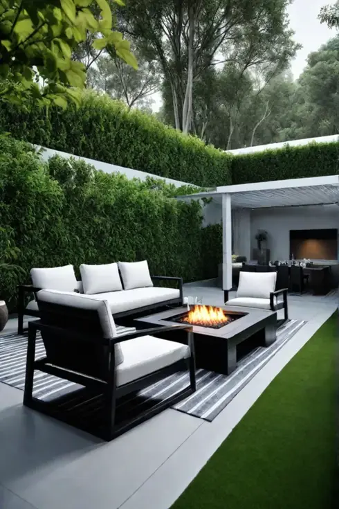 Open concept living area extending to a deck with plush furniture