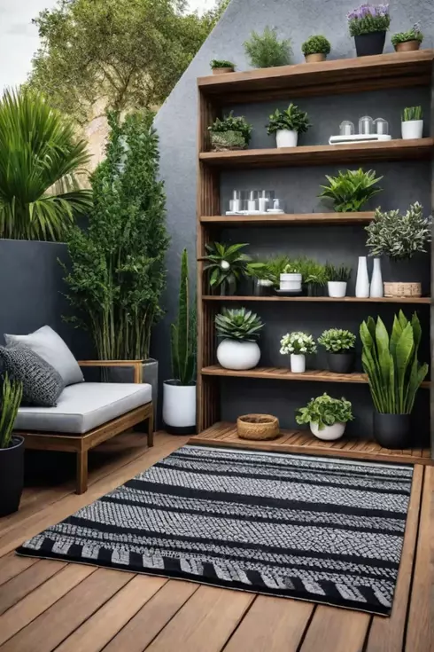 Outdoor rug and wall shelves on a small deck