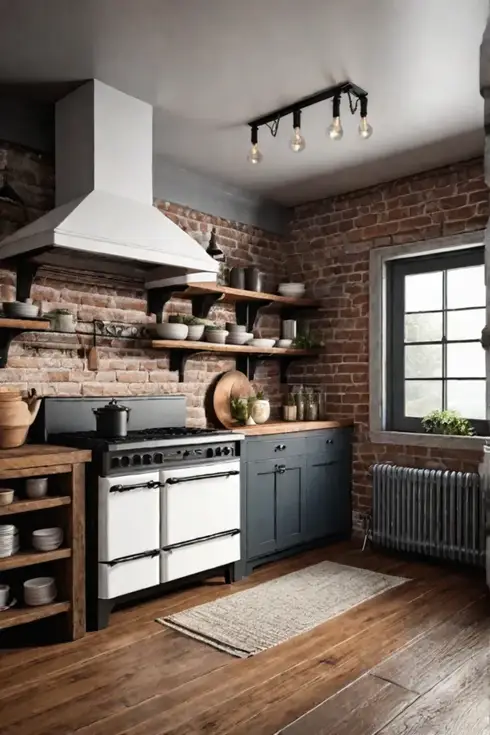Rustic kitchen with exposed brick and reclaimed wood