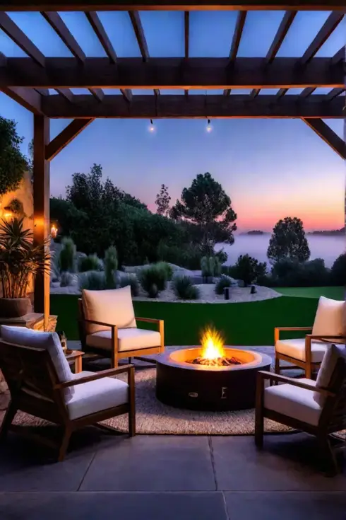 Rustic outdoor living space with pergola and fire pit