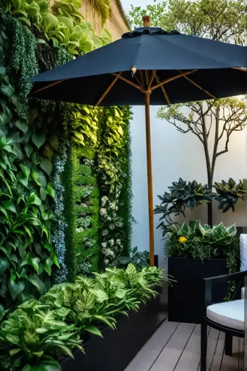 Small deck transformed into a green oasis with vertical planting