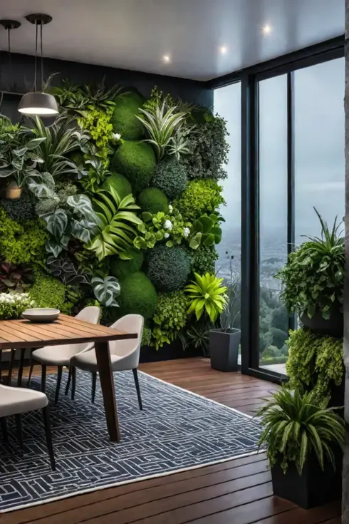 Vertical garden on a deck with lush greenery and colorful flowers