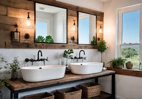 A charming farmhouse bathroom with a DIY vanity crafted from reclaimed woodfeat