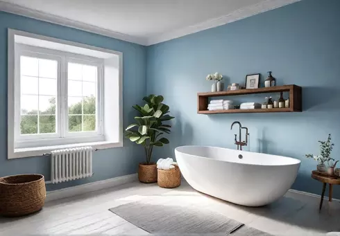 A minimalist bathroom with light blue walls a freestanding bathtub open woodenfeat