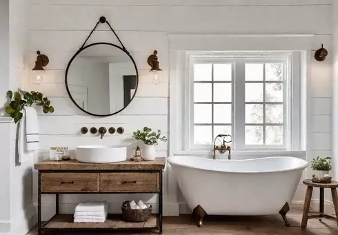 A small bright bathroom with white shiplap walls and rustic wood flooringfeat