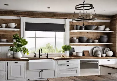 A sundrenched farmhouse kitchen with a large central island made from reclaimedfeat