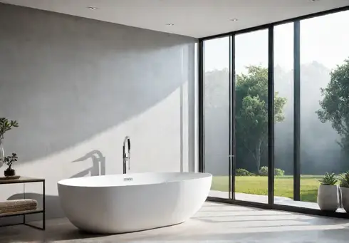 A sundrenched minimalist bathroom with a freestanding bathtub clean lines a neutralfeat