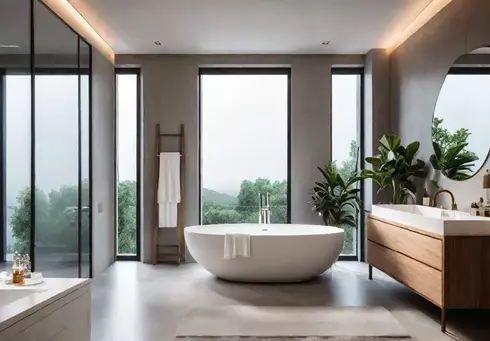 A sundrenched minimalist bathroom with a freestanding bathtub wooden accents and afeat