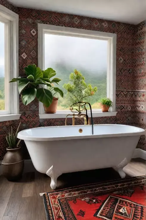 Bohemian bathroom global style relaxed ambiance