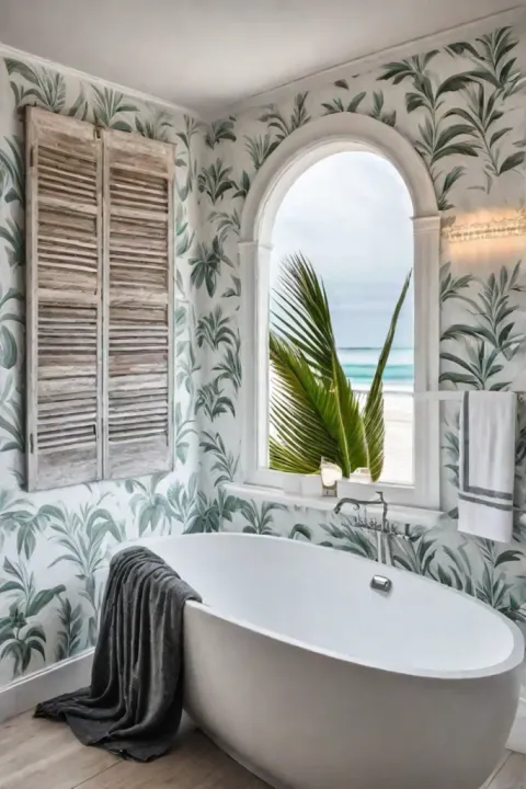 Bright bathroom whitewashed wood subtle pattern