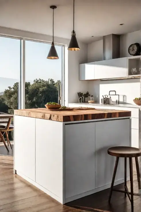 Compact kitchen island natural wood grain functional design