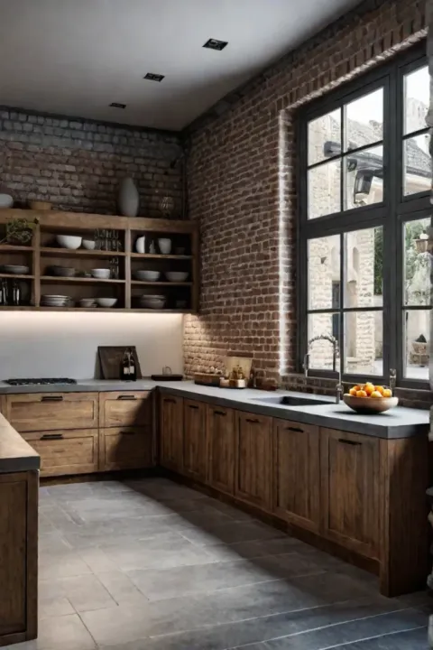 Concrete countertop rustic kitchen island wooden cabinets