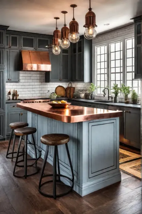 Copper countertop patina rustic kitchen island aging gracefully
