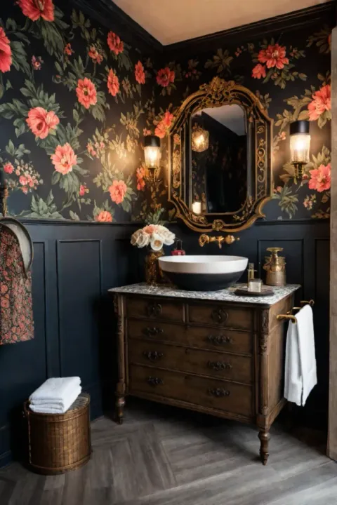 Dark floral wallpaper bohemian bathroom vintage vanity