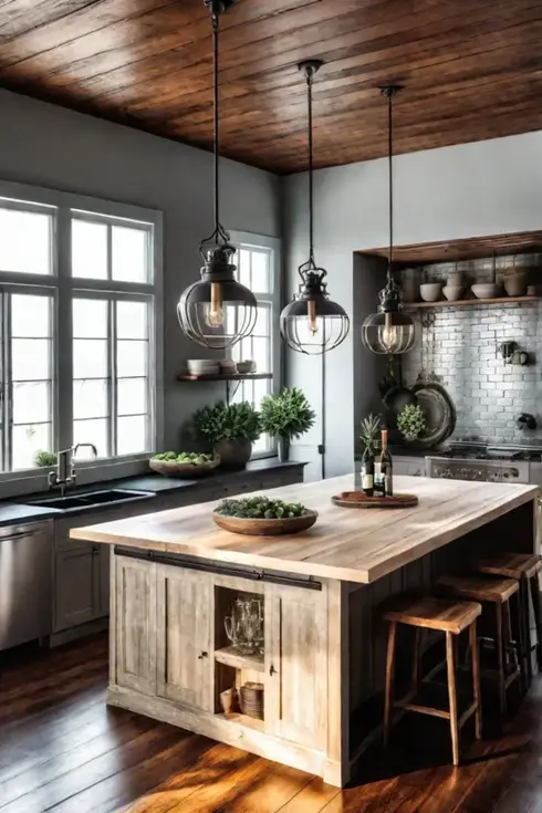 Distressed wood pendant lights bright kitchen