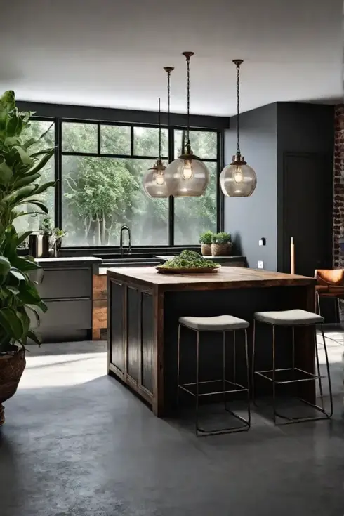 Industrial kitchen with a metal and wood island