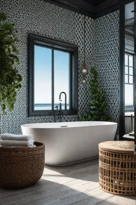 Moroccan lattice wallpaper bohemian bathroom