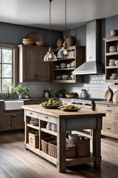 Reclaimed wood open shelving vintage crockery