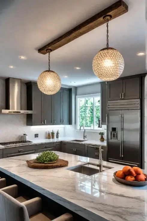 Rustic kitchen island warm lighting compact space