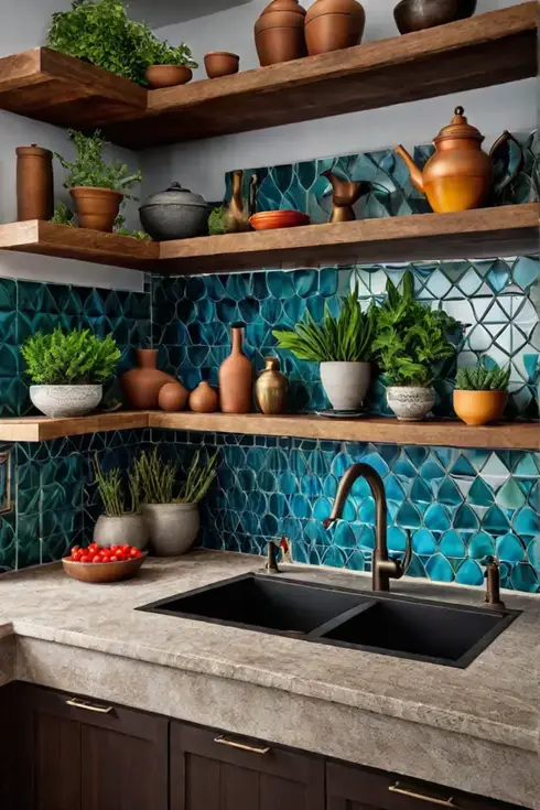 Rustic kitchen with mosaic tile island and colorful accents