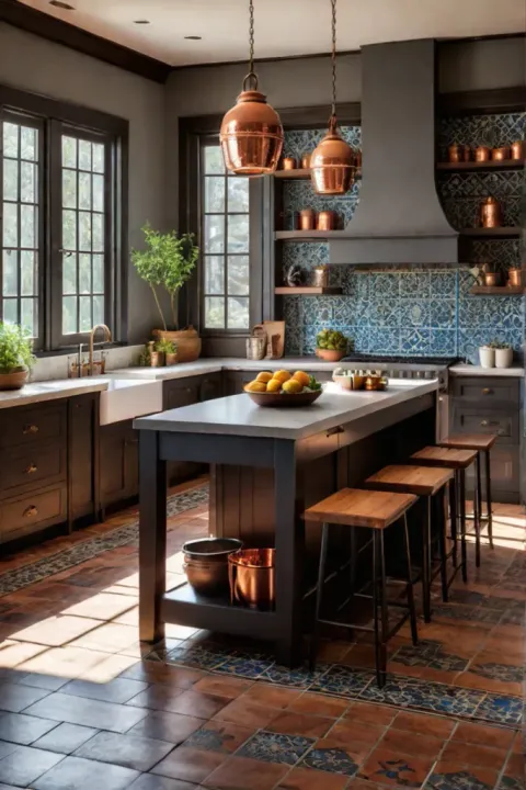 Tile countertop rustic kitchen island colorful patterns