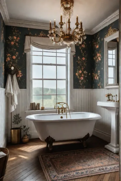 Timeless bohemian bathroom vintage floral wallpaper