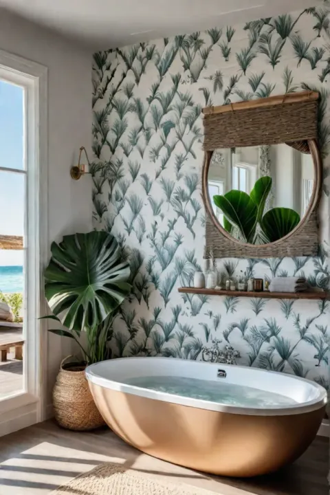 Tropical wallpaper beachy bathroom bohemian style