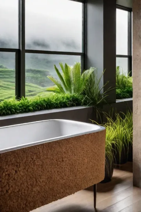 Wooden accents natural light bathroom greenery